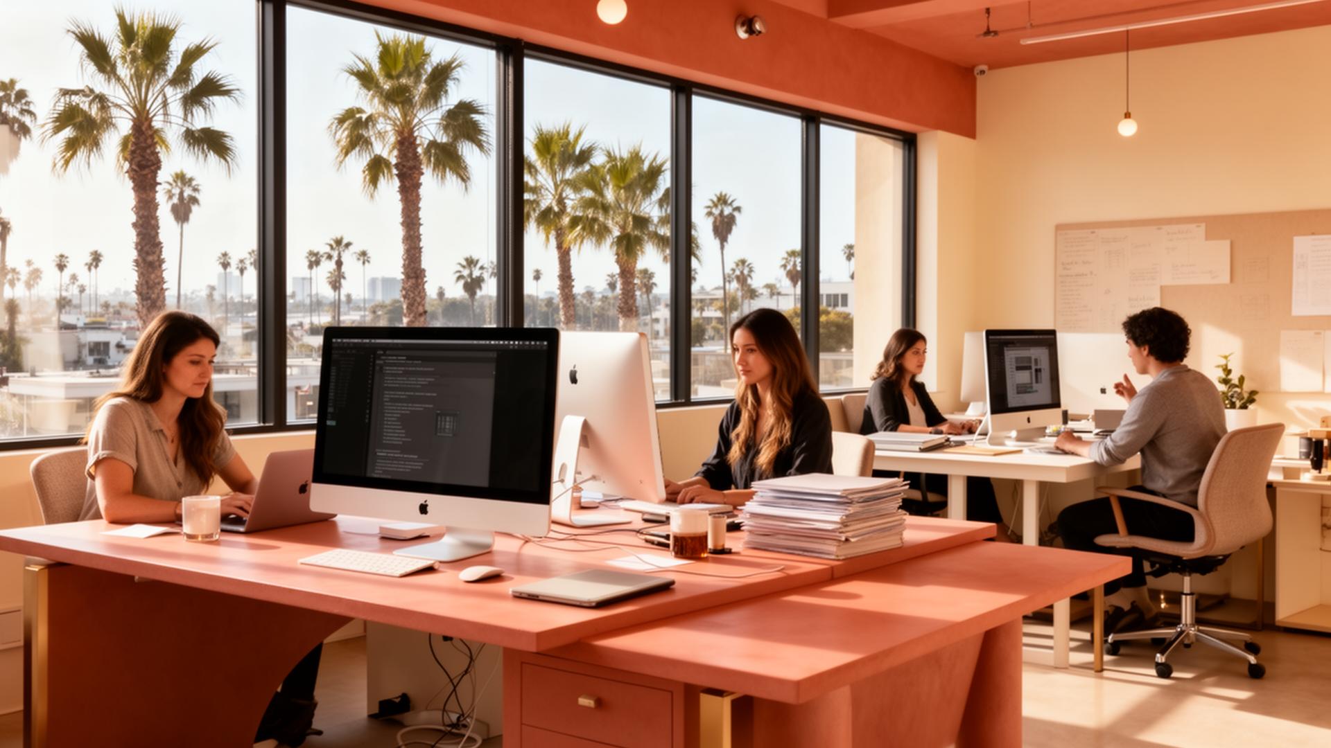 The Vikay Design Server studio in San Diego, with designers working at a long shared desk overlooking palm trees